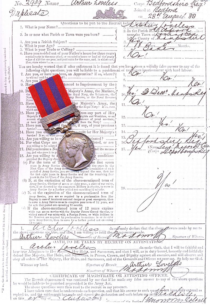 India General Service Medal 1854. Silver issue with clasp 'Waziristan 1894-95' (7909 Pte A. Lovelace Tel: Dept) - Attached from 1st Battalion Bedfordshire Regiment