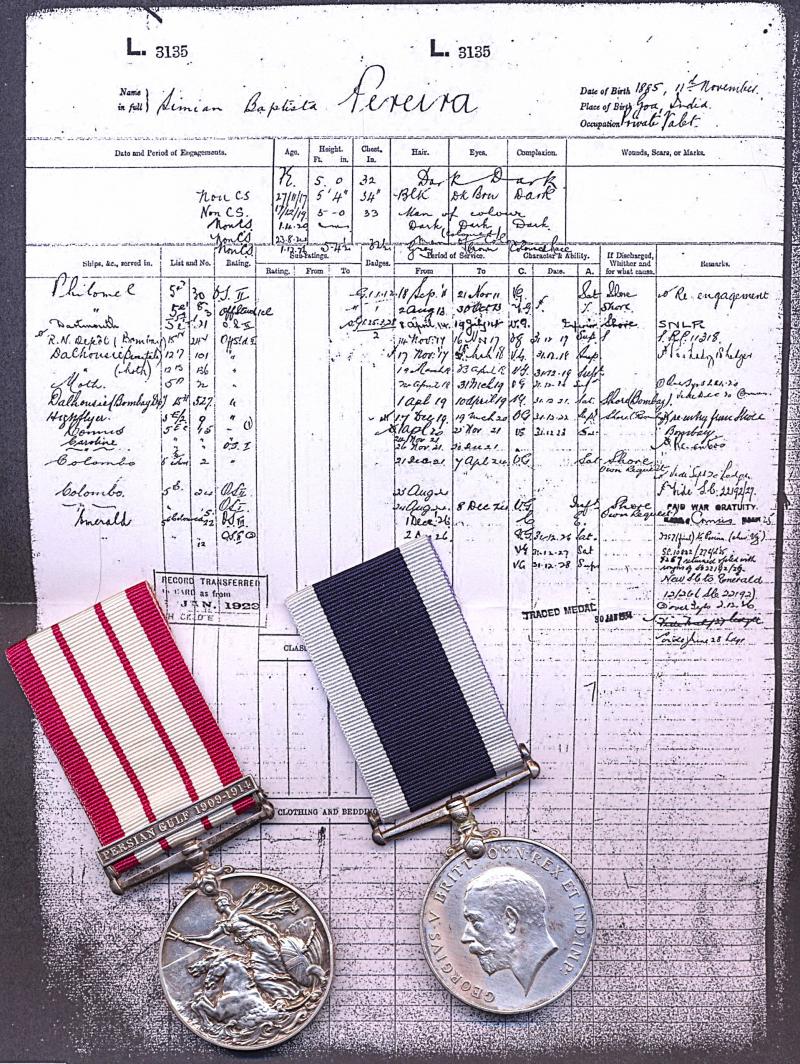 A Persian Gulf & Long Service medal pair to a Goan who served aboard Tigris River Gunboats H.M.S. Tarantula & H.M.S. Moth: Leading Steward Simian Baptista Pereira, late Colombo Division, East Indies Station, Royal Navy