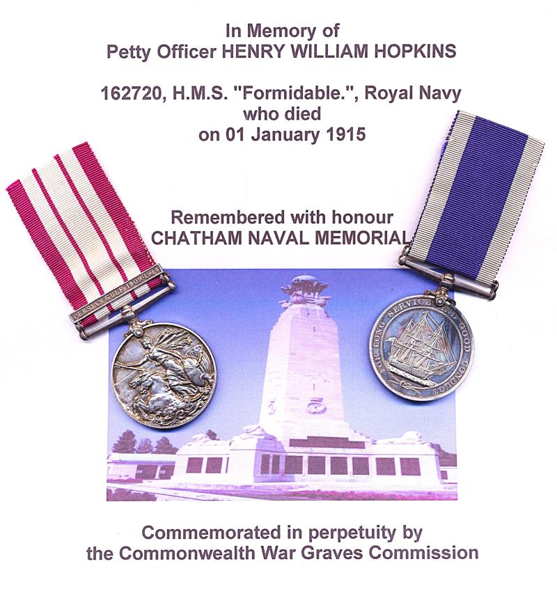 A Lyme Regis / Sandwich, Kent interest 'New Year Day 1915 Casualty'- H.M.S. Formidable Sunk by enemy U-Boat U-24 - 'Killed-in-Action' medal pair: Petty Officer Henry William Hopkins, late H.M.S. Formidable, Royal Navy