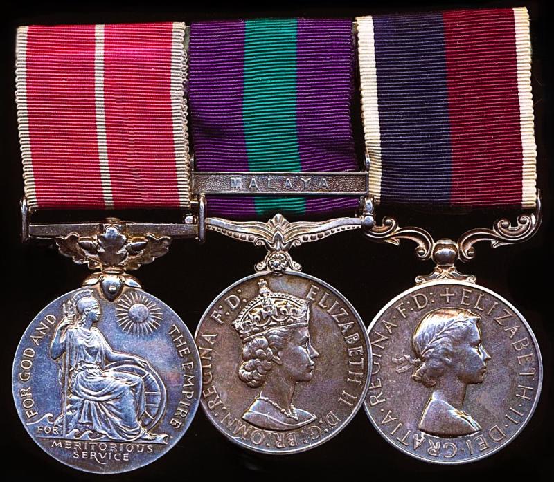 A Warrant Officers Malaya Emergency, Meritorious and Long Service medal group of 3: Chief Technician Kenneth Vernon Kean, late 41 Squadron, Royal Air Force