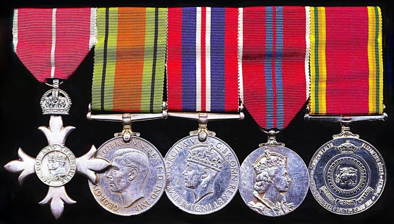 A Ceylon services M.B.E. group of 5 to the father of the Sri Lankan Army's Ordnance Corps- recommended by Her Majesty's Ceylon Ministers - medal group of 5: Lt-Colonel Harold Bracher, M.B.E., Royal Army Ordnance Corps