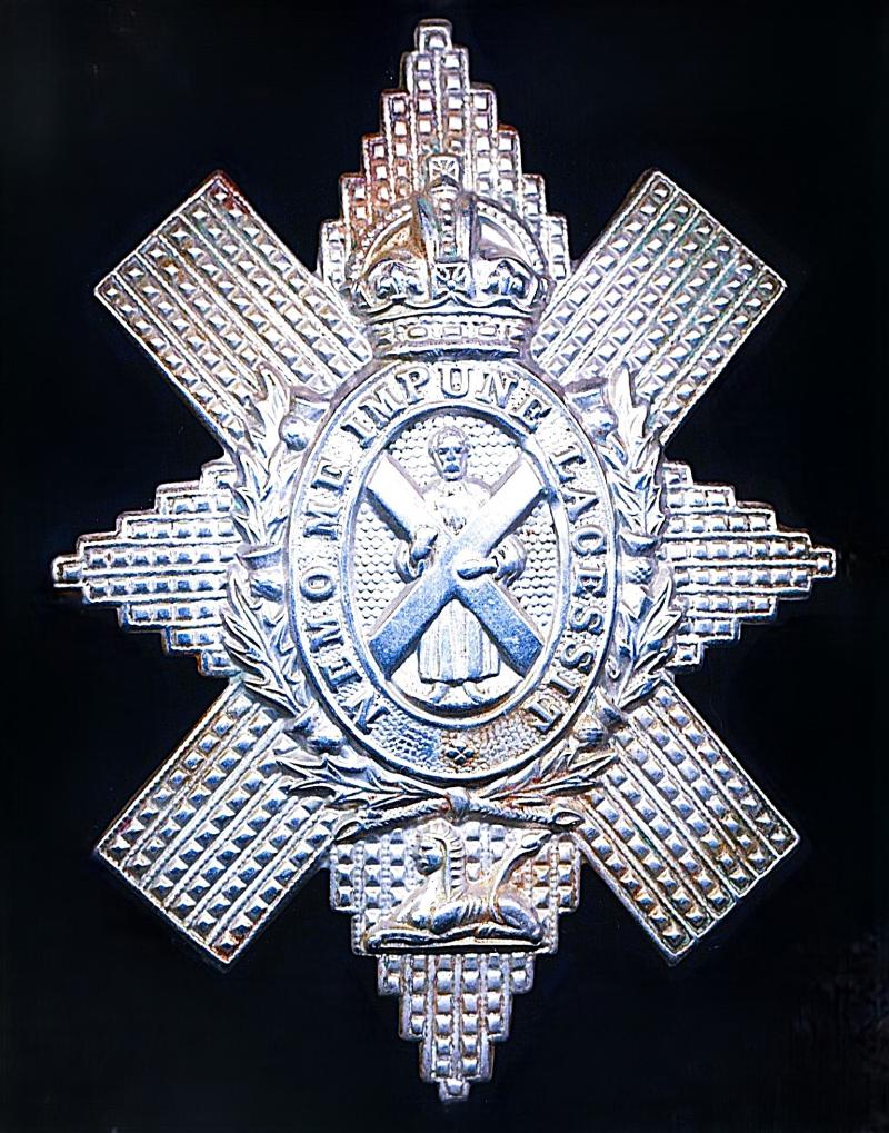 Black Watch (Royal Highland Regiment). Cap Badge. Kings Crown in white-metal. Circa 1936-1952