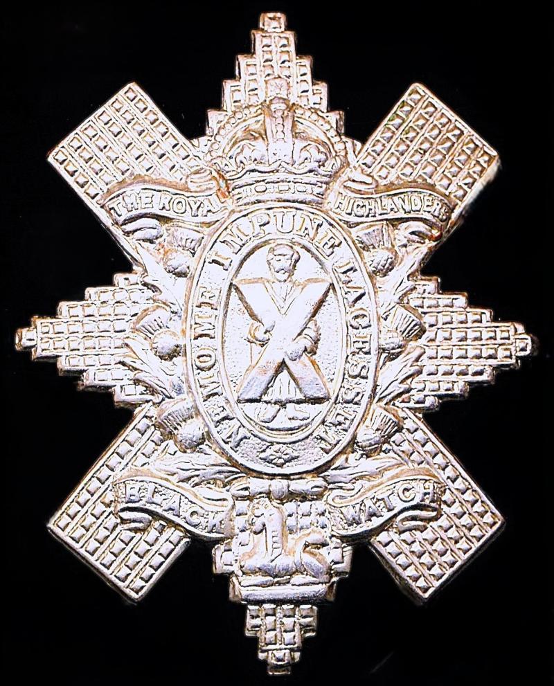 Black Watch (Royal Highland Regiment). Cap Badge. Kings Crown in white-metal. Circa 1902-1936