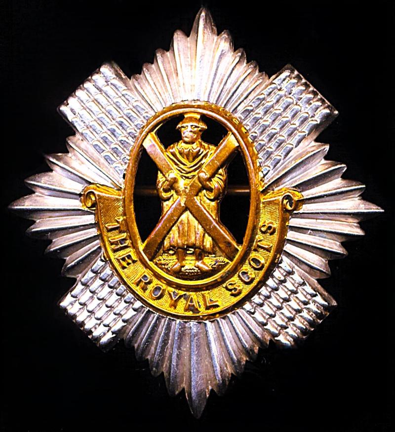 Royal Scots: Cap Badge. Bi-metal, as worn circa 1901-1953