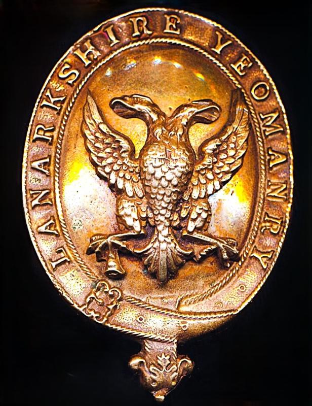 Lanarkshire Yeomanry: Helmet Plate badge. As worn by Other-Ranks. Gilded Brass. Circa 1900-1920