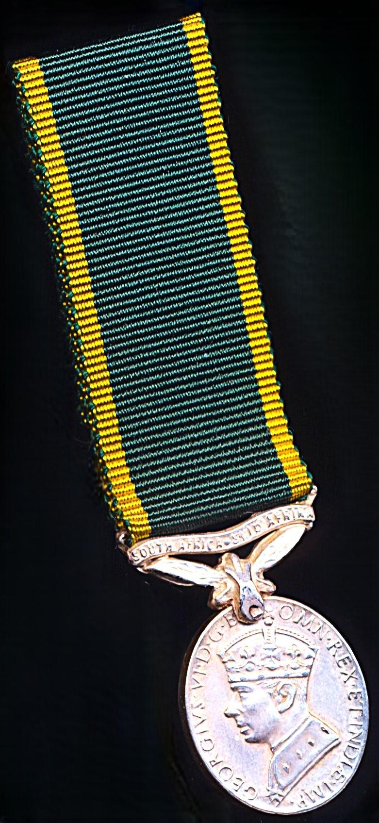 Union of South Africa: Efficiency Medal. GVI obverse 1st type  (1937-1947). With 'South Africa / Suid Afrika' bar. Miniature Medal