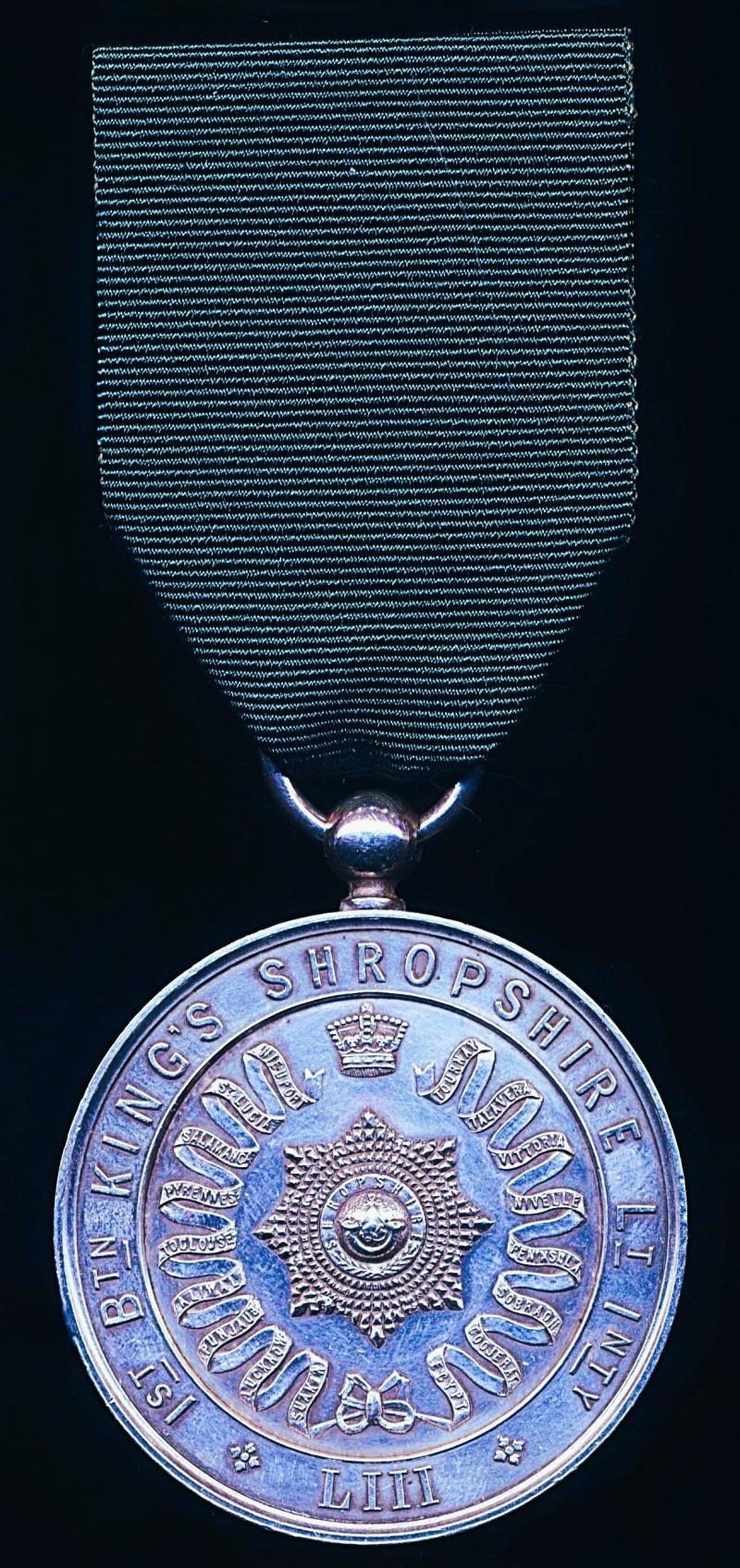1st Battalion King’s Shropshire Light Infantry. Regimental ‘Best Shot of Battalion’ Medal. Silver (not H/M). Reverse engraved (Lce Sgt J Blud.)