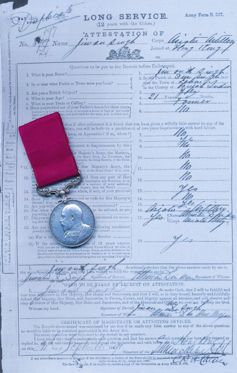 Army Long Service and Good Conduct Medal. EDVII issue (197 Gnr: Jiwan Singh. H.K.-S. Bn. R.G.A.)