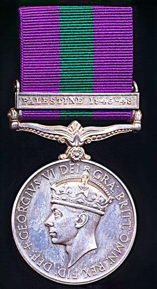 General Service Medal 1918-62. GVI second issue with clasp 'Palestine 1945-48' (41915 Pte. Muiya. Niboti. E.A.A.S.C.)