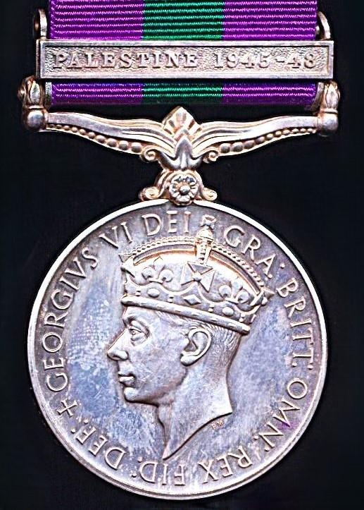 General Service Medal 1918-62. GVI second issue with clasp 'Palestine 1945-48' (41915 Pte. Muiya. Niboti. E.A.A.S.C.)