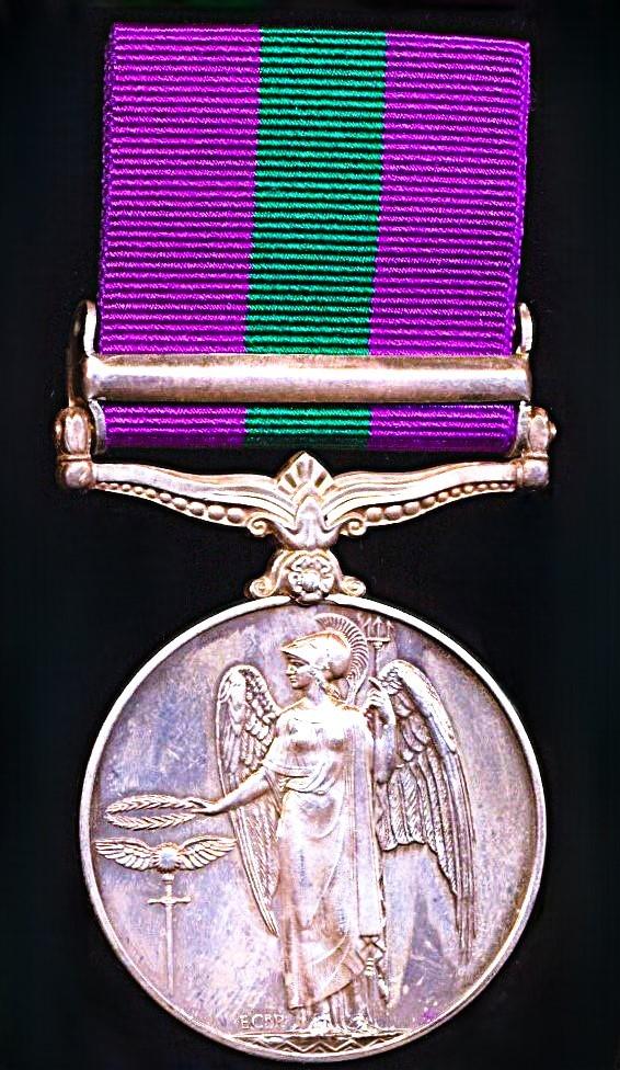 General Service Medal 1918-62. GVI second issue with clasp 'Palestine 1945-48' (41915 Pte. Muiya. Niboti. E.A.A.S.C.)