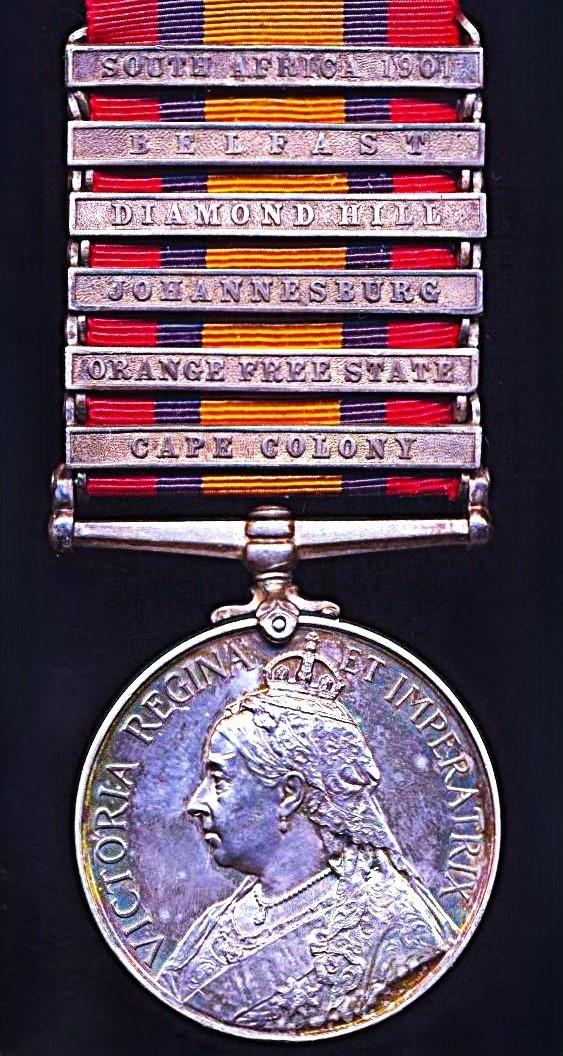 Queen’s South Africa Medal 1899-1902. Silver issue with 6 x clasps, 'Cape Colony', 'Orange Free State', 'Johannesburg', 'Diamond Hill', 'Belfast' & 'South Africa 1901' (25637 Sapr T.J. Gallagher. Rl: Engineers.)