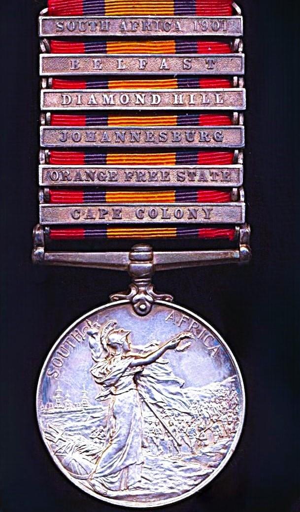 Queen’s South Africa Medal 1899-1902. Silver issue with 6 x clasps, 'Cape Colony', 'Orange Free State', 'Johannesburg', 'Diamond Hill', 'Belfast' & 'South Africa 1901' (25637 Sapr T.J. Gallagher. Rl: Engineers.)