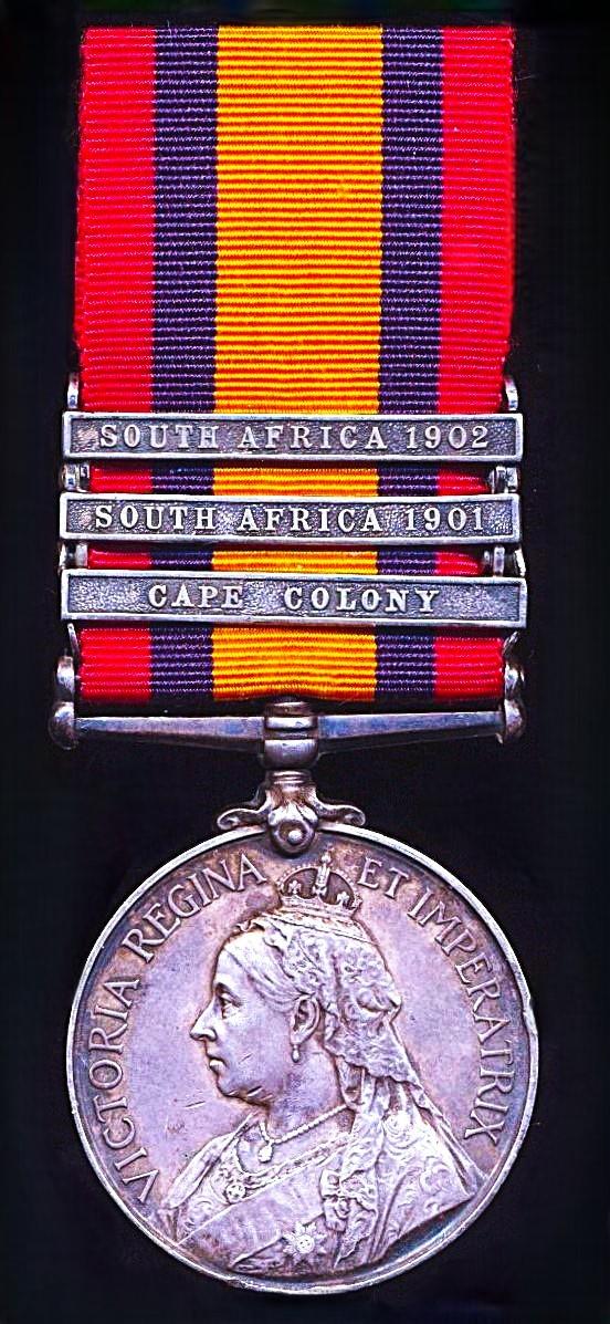 Queens South Africa Medal. Silver issue & 3 x clasps 'Cape Colony', 'South Africa 1901' & 'South Africa 1902' (37314 Pte L. Keill. Lovat's Scouts.)