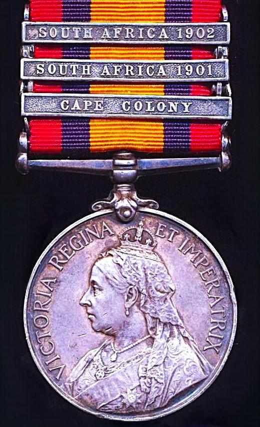Queens South Africa Medal. Silver issue & 3 x clasps 'Cape Colony', 'South Africa 1901' & 'South Africa 1902' (37314 Pte L. Keill. Lovat's Scouts.)