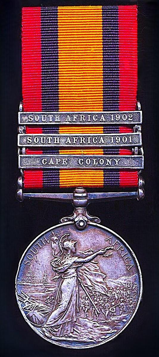 Queens South Africa Medal. Silver issue & 3 x clasps 'Cape Colony', 'South Africa 1901' & 'South Africa 1902' (37314 Pte L. Keill. Lovat's Scouts.)