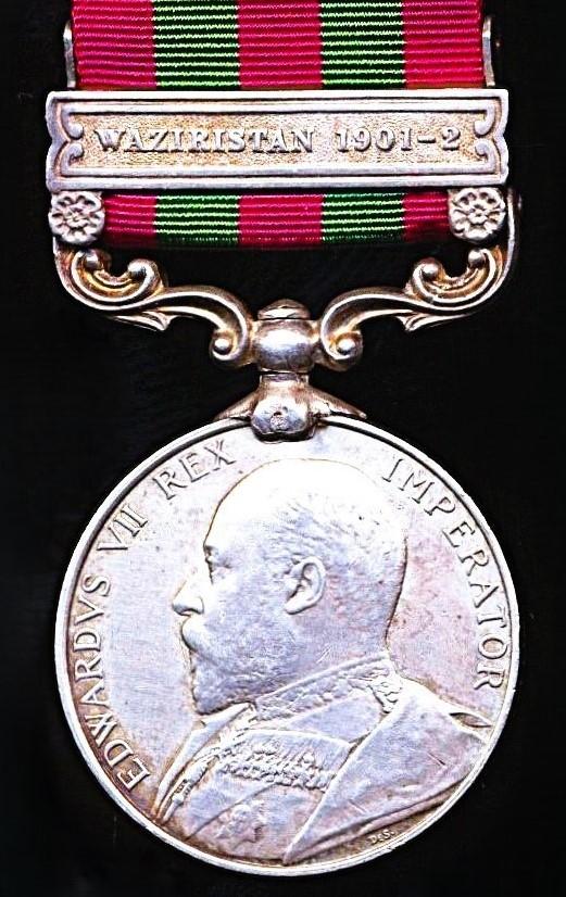 India General Service Medal 1895-1902. Edward VII obverse. Silver issue with clasp 'Waziristan 1901-02' (2461 Duffr Kale Singh 5th Punjab Cavy)
