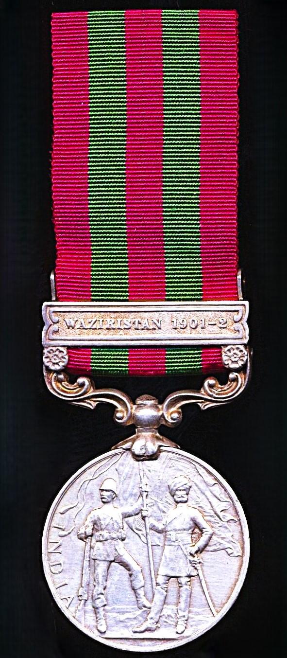 India General Service Medal 1895-1902. Edward VII obverse. Silver issue with clasp 'Waziristan 1901-02' (2461 Duffr Kale Singh 5th Punjab Cavy)