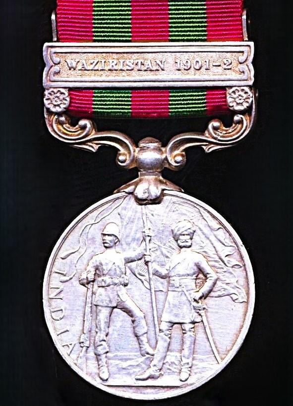 India General Service Medal 1895-1902. Edward VII obverse. Silver issue with clasp 'Waziristan 1901-02' (2461 Duffr Kale Singh 5th Punjab Cavy)