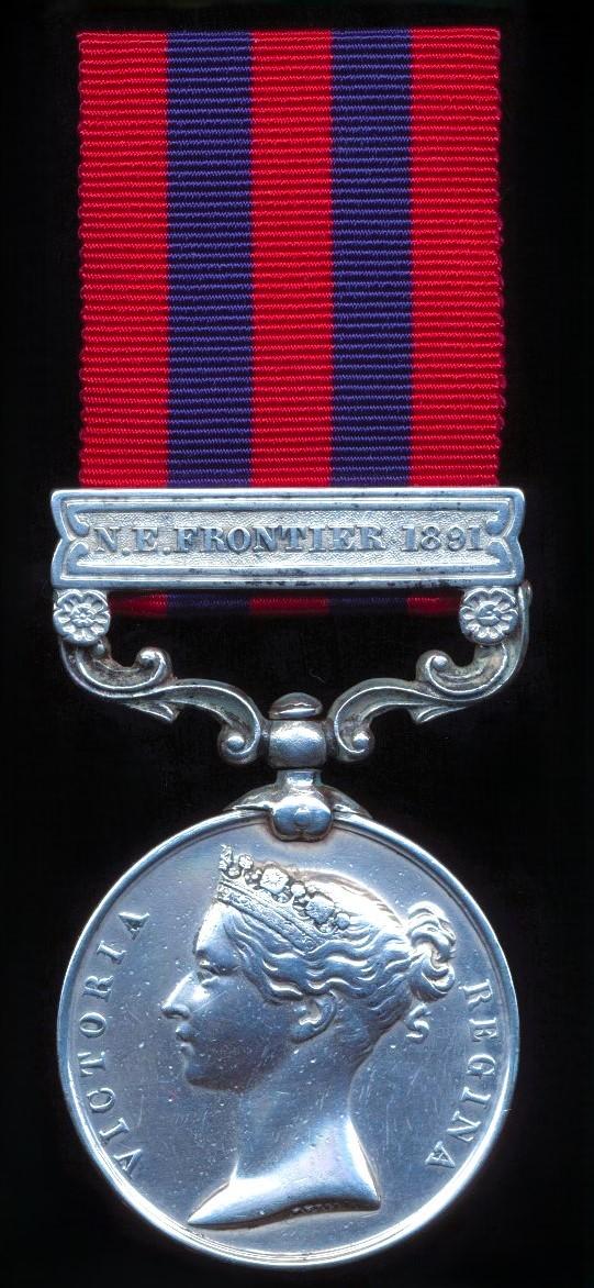 India General Service Medal 1854. Silver issue with clasp 'N.E. Frontier 1891 (1804 Rifleman Guman Singh Thapa 1st Bn 2nd Gurkha Regt)