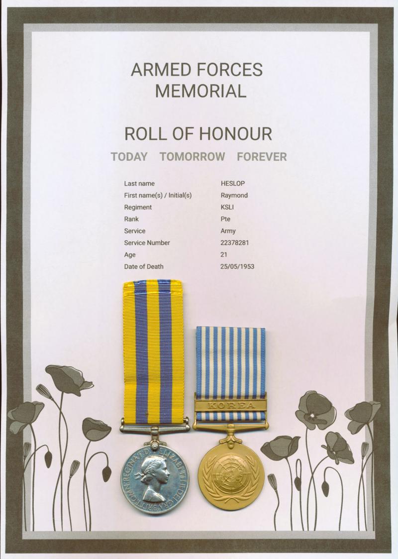 An Infantryman casualty campaign medal pair for the Korean War, to a soldier who later died in Germany: Private Raymond Heslop, 1st Battalion King's Shropshire Light Infantry