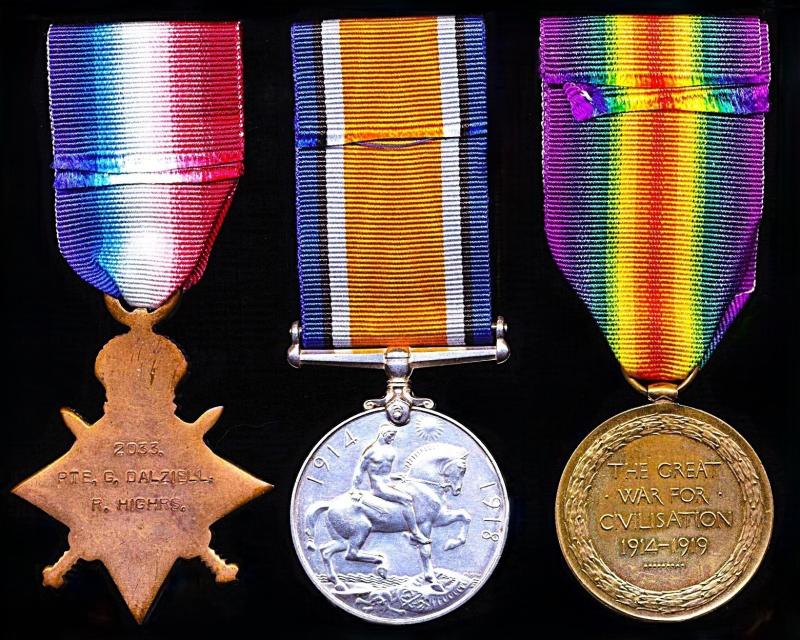 A poignant 'Dundee Interest' Battle of Aubers Ridge - Black Watch Victoria Cross Action - Great War casualty medal group of 3: Private George Dalziel, 1st Battalion Royal Highlanders (Black Watch)
