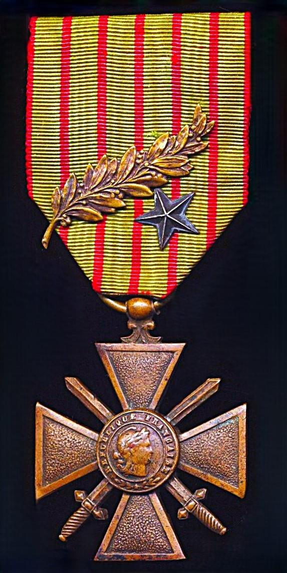 France: Cross of War 1914-1915 (Croix De Guerre 1914-1915). With 2 x Citation emblems (1 x Bronze Palm & Silver Star) on the riband. Reverse of cross dated 1914-1918