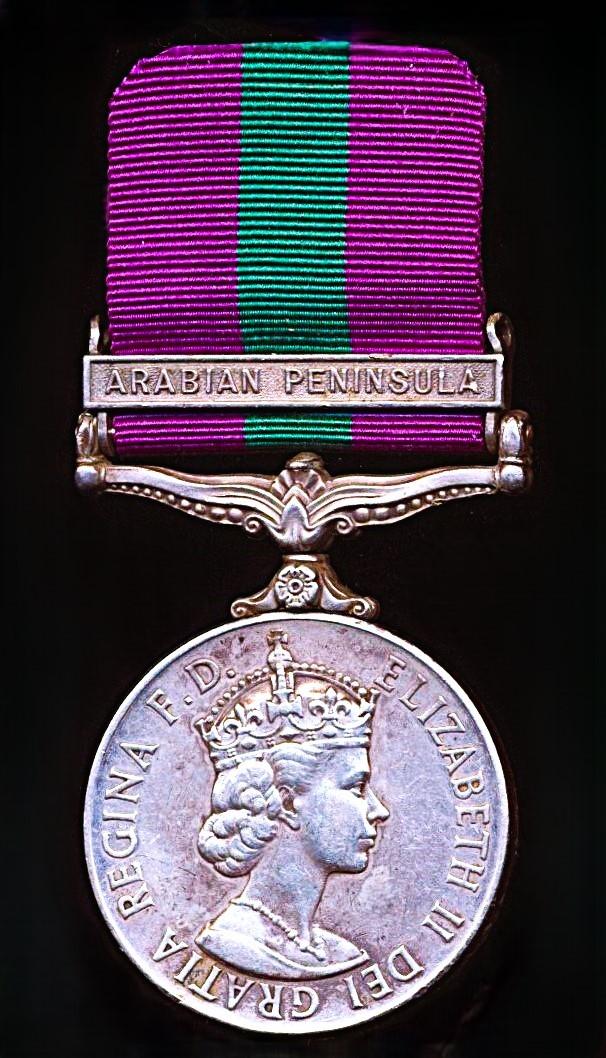 General Service Medal 1918-62. EIIR issue with clasp 'Arabian Peninsula' (8213 L/Cpl. Handy Serisena, A.P.L)