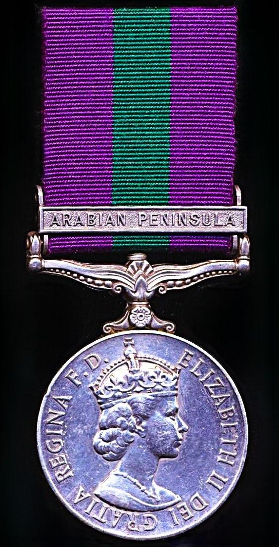 General Service Medal 1918. EIIR issue with clasp 'Arabian Peninsula' (23643633 Fus. W. B. Myles. R.H.F.) 