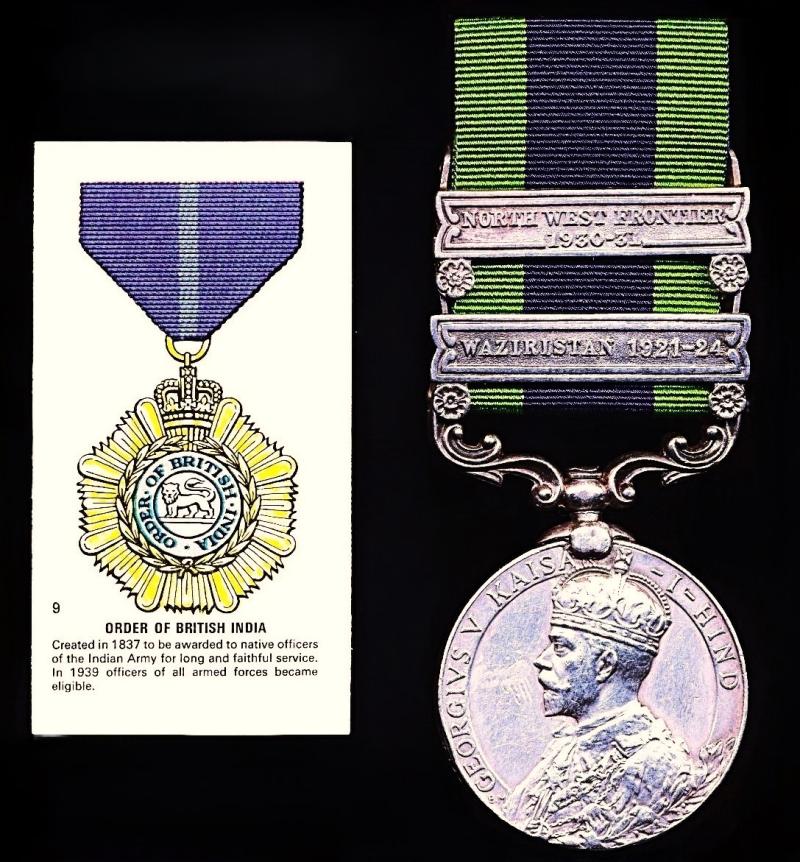India General Service Medal 1908-35, GV first type. Silver issue, with 2 x clasps 'Waziristan 1921-24' & 'North West Frontier 1930-31' (Ris-Maj. Sanwal Khan, I. A. V. C.)