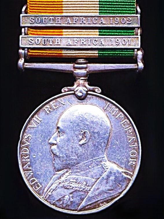 King's South Africa Medal. With 2 x clasps 'South Africa 1901' & 'South Africa 1902' (4205 Pte. G. Jones. Rl: Scots Fus:)