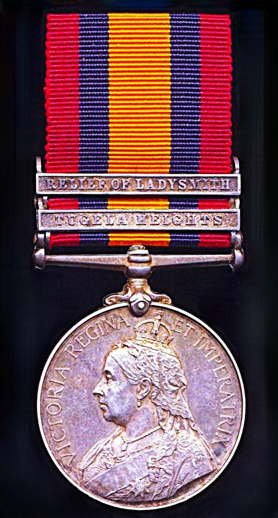 Queens South Africa Medal 1899-1902. Silver issue with 2 x clasps 'Tugela Heights' & 'Relief of Ladysmith' (2042 Tpr: E. Ferguson. Natal Police)