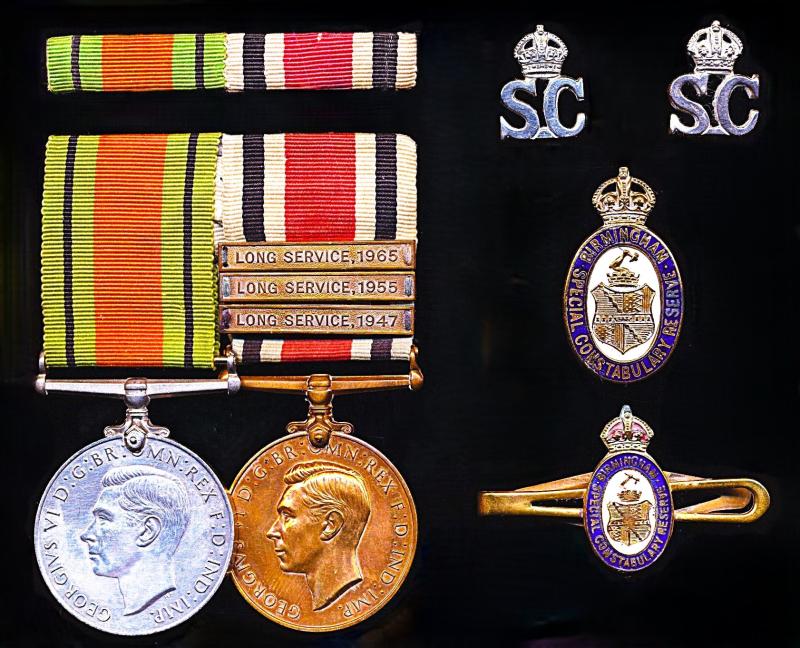 A fine Second World War 'Home Front' and Police Long Service medal pair with related insignia: Sub-Commander John Herbert Amherst, Birmingham Special Constabulary Reserve