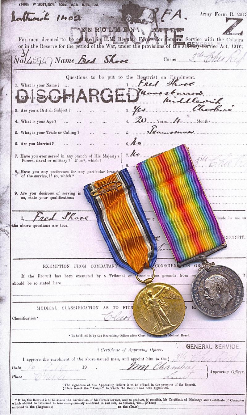 A Great War Western Front 'German Spring Offensive' Casualty medal pair: Private Frederick 'Fred' Shore, 9th (Service) Battalion Cheshire Regiment attached to 56th Trench Mortar Battery