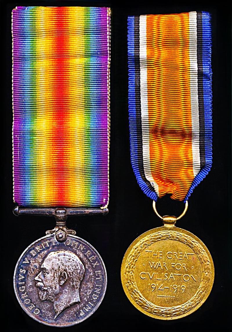 A Great War Western Front 'German Spring Offensive' Casualty medal pair: Private Frederick 'Fred' Shore, 9th (Service) Battalion Cheshire Regiment attached to 56th Trench Mortar Battery