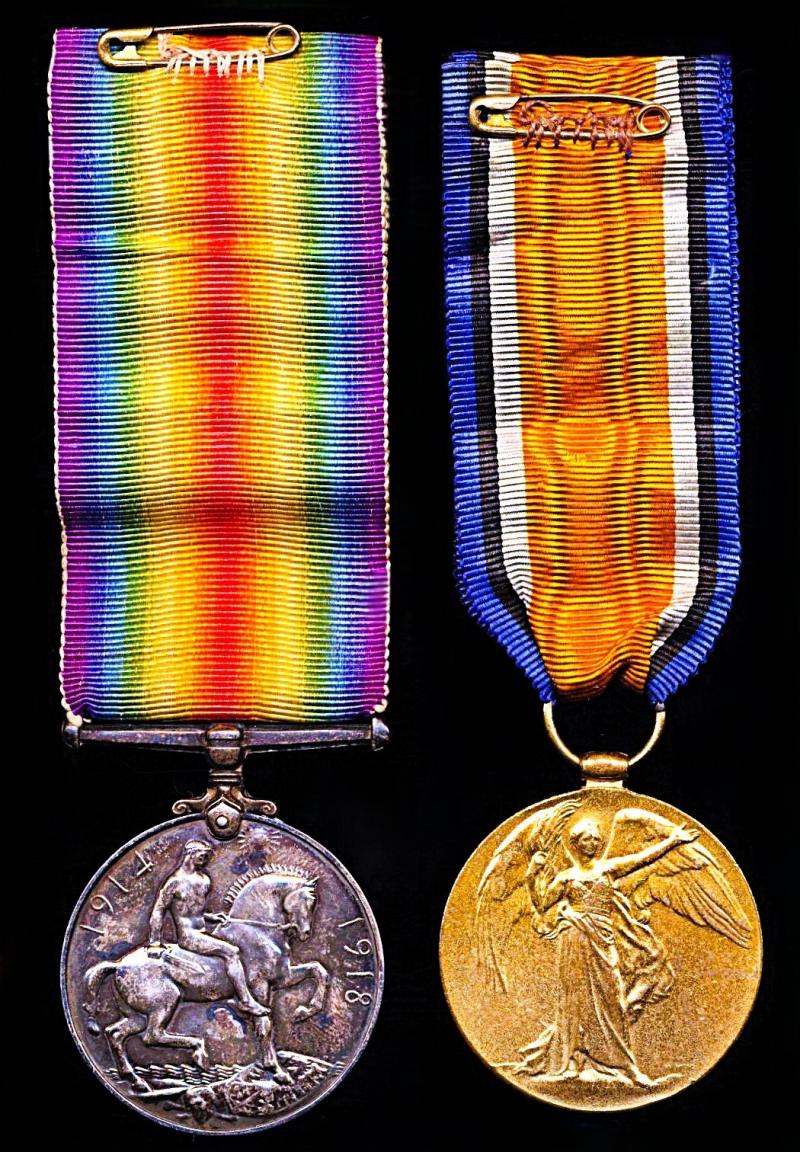 A Great War Western Front 'German Spring Offensive' Casualty medal pair: Private Frederick 'Fred' Shore, 9th (Service) Battalion Cheshire Regiment attached to 56th Trench Mortar Battery