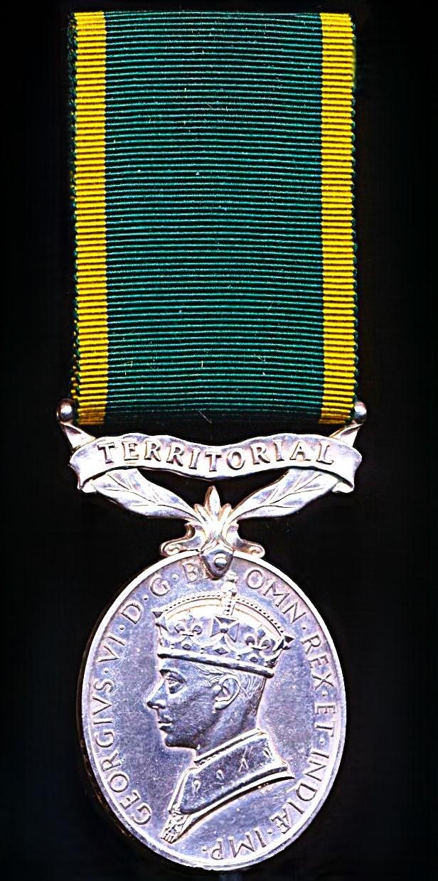 Efficiency Medal. GVI issue, 1st type obverse legend with 'Territorial' bar (6207127. Pte. R.J. Tapsfield. MX.)