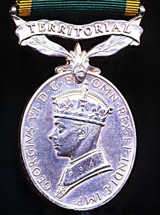 Efficiency Medal. GVI issue, 1st type obverse legend with 'Territorial' bar (6207127. Pte. R.J. Tapsfield. MX.)