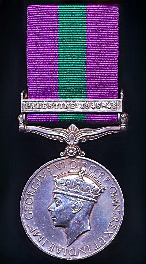 General Service Medal 1918-62. GVI 1st issue with clasp 'Palestine 1945-48' (14450157 Pte. H. Fink. Foresters.)