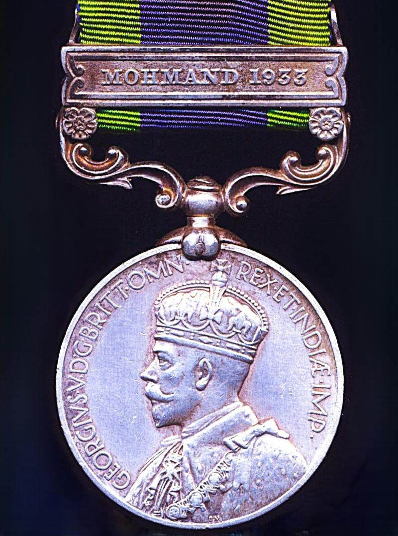India General Service Medal 1908-35. GV issue 2nd type with clasp 'Mohmand 1933' (10354 Sep. Budh Singh, 5-12 F.F.R.)