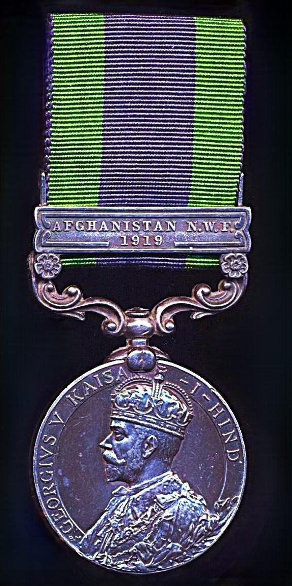 India General Service Medal 1908-35. GV , 1st type silver issue with clasp 'Afghanistan N.W.F. 1919' (265295 Pte A G Swinard 2-6 R. Suss. R.)