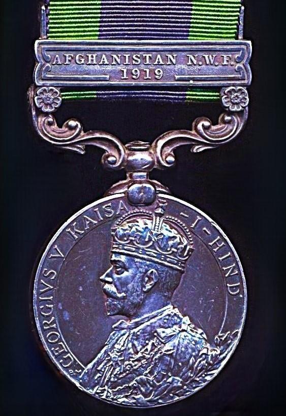 India General Service Medal 1908-35. GV , 1st type silver issue with clasp 'Afghanistan N.W.F. 1919' (265295 Pte A G Swinard 2-6 R. Suss. R.)