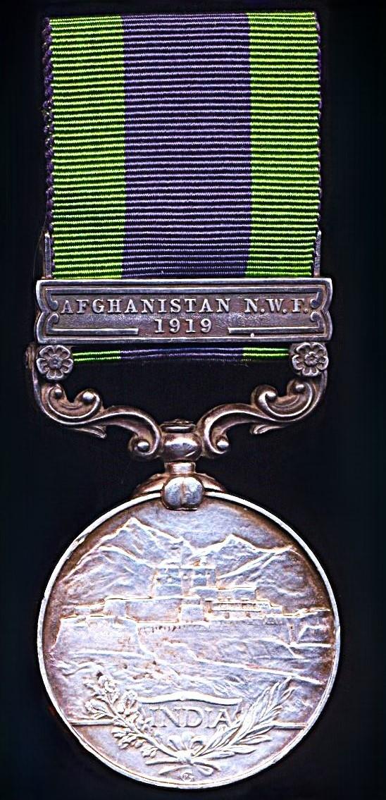 India General Service Medal 1908-35. GV , 1st type silver issue with clasp 'Afghanistan N.W.F. 1919' (265295 Pte A G Swinard 2-6 R. Suss. R.)