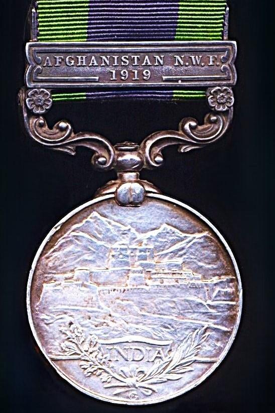India General Service Medal 1908-35. GV , 1st type silver issue with clasp 'Afghanistan N.W.F. 1919' (265295 Pte A G Swinard 2-6 R. Suss. R.)
