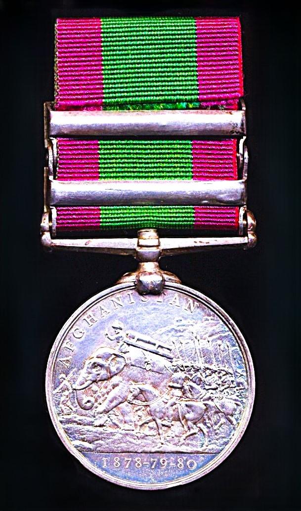 Afghanistan War Medal 1878-80. With 2 x clasps 'Peiwar Kotal' & ' Charasia' (906 Gr. J.W. Wilson F/A R.H.A.)
