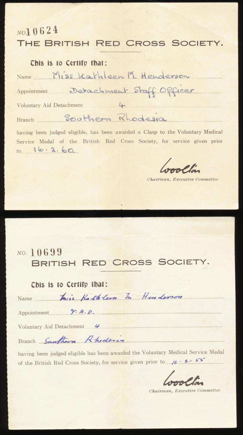 A rare Southern Rhodesian Woman's Second World War era 'Home Front' Red Cross Voluntary service medal group of 5: Miss Kathleen M. Henderson, V.A.D. Detachment 4, Southern Rhodesia Overseas Branch of the British Red Cross Society