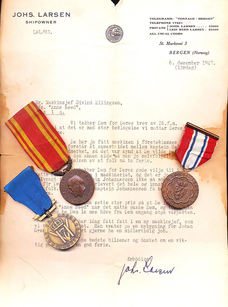 Norway: A Norwegian Merchant Mariner's attributed Second World War medal group of 3: Chief Engineer Oivind Ellingsen, Norwegian Merchant Navy