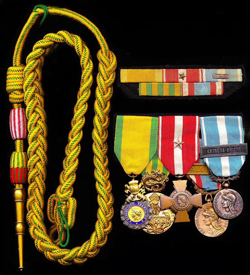 A regimentally attributed to the 13th Double Brigade, French Foreign Legion gallantry & campaign service medal group for Indochina and the Algerian War of Independence, with the regimental 'Fouragere' of 13e RBLE