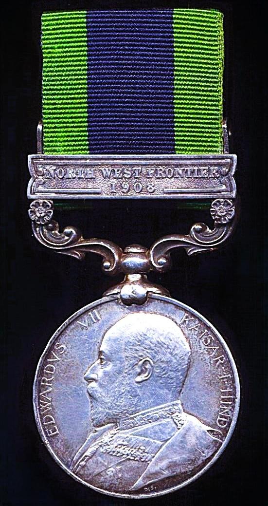 India General Service Medal 1908. Edward VII issue in silver with clasp 'North West Frontier 1908' (9066 Pte. P. Morrison, 1st Bn. Sea Highrs)