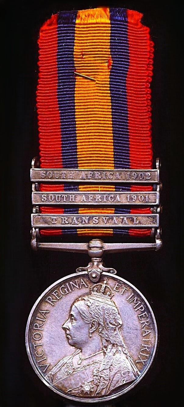 Queen's South Africa Medal 1899-1902. Silver issue with 3 x clasps 'Transvaal', 'South Africa 1901' & 'South Africa 1902' (6953 Pte. A.E Etheridge. Vol. Coy. W. York. Regt.)